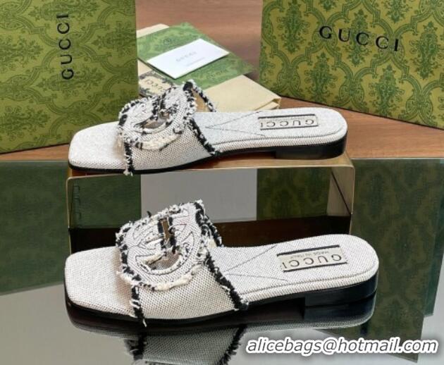 Luxury Cheap Gucci Interlocking G Flat Slide Sandals in Frayed Canvas with Fringe Grey/Black 605169