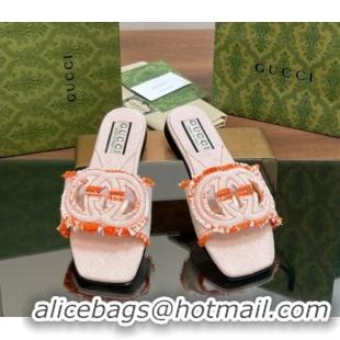 Luxury Gucci Interlocking G Flat Slide Sandals in Frayed Canvas with Fringe Orange 605170