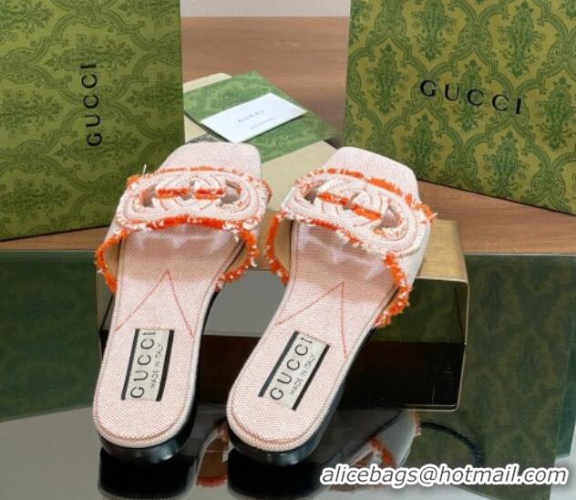 Luxury Gucci Interlocking G Flat Slide Sandals in Frayed Canvas with Fringe Orange 605170