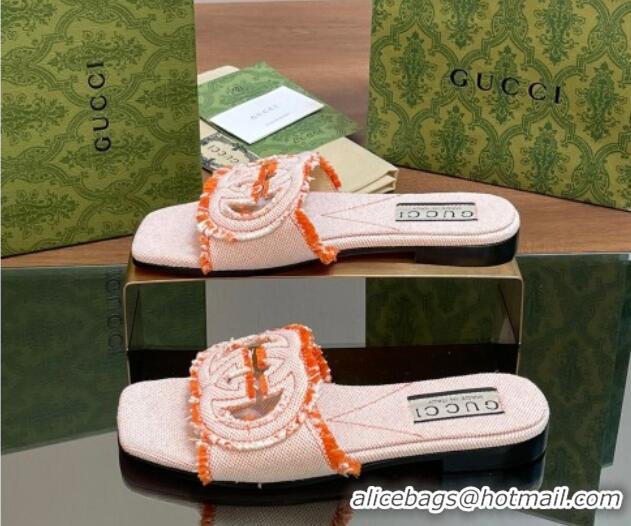 Luxury Gucci Interlocking G Flat Slide Sandals in Frayed Canvas with Fringe Orange 605170