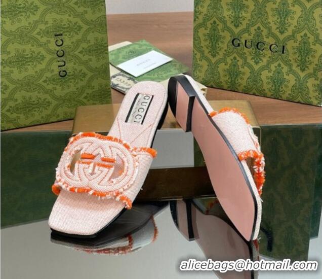 Luxury Gucci Interlocking G Flat Slide Sandals in Frayed Canvas with Fringe Orange 605170