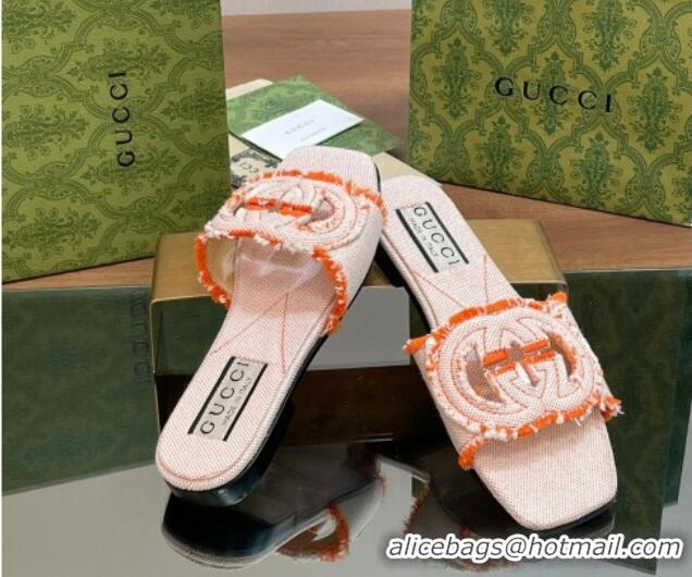 Luxury Gucci Interlocking G Flat Slide Sandals in Frayed Canvas with Fringe Orange 605170