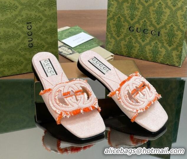 Luxury Gucci Interlocking G Flat Slide Sandals in Frayed Canvas with Fringe Orange 605170