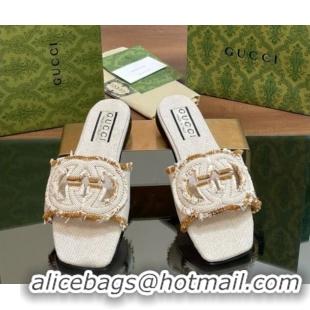 Stylish Gucci Interlocking G Flat Slide Sandals in Frayed Canvas with Fringe Brown 605171