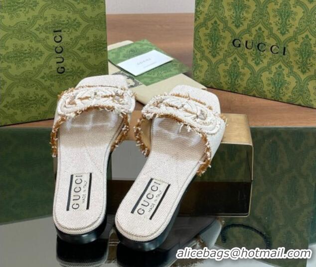 Stylish Gucci Interlocking G Flat Slide Sandals in Frayed Canvas with Fringe Brown 605171