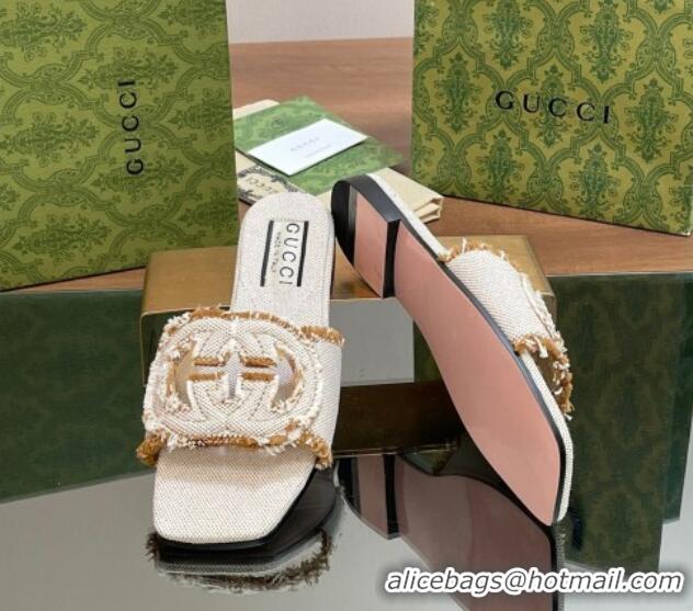 Stylish Gucci Interlocking G Flat Slide Sandals in Frayed Canvas with Fringe Brown 605171