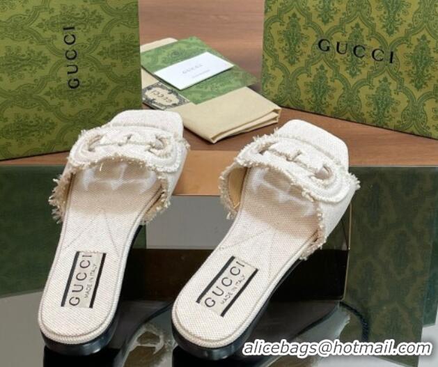 Unique Style Gucci Interlocking G Flat Slide Sandals in Frayed Canvas with Fringe White/Grey 605172