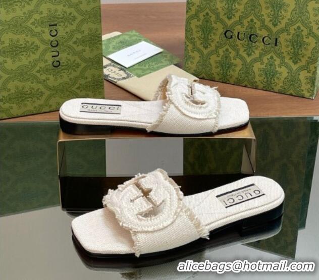 Unique Style Gucci Interlocking G Flat Slide Sandals in Frayed Canvas with Fringe White/Grey 605172