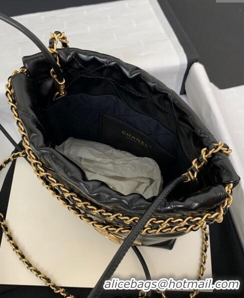 Top Quality Chanel 22 Shiny Calfskin Mini Shopping Bag AS3980 Black/Gold 2024