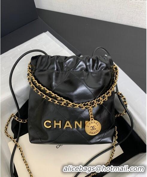 Top Quality Chanel 22 Shiny Calfskin Mini Shopping Bag AS3980 Black/Gold 2024