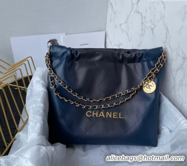 Trendy Design Chanel 22 Shiny Calfskin Small Shopping Bag AS3260 Navy Blue 2024