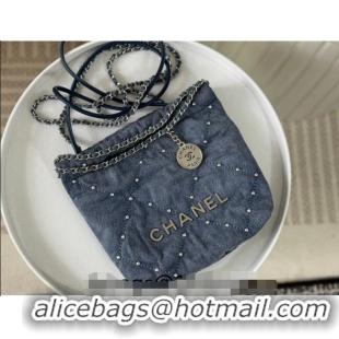 Buy Discount Chanel 22 Studs Quilted Denim Mini Shopping Bag AS3980 Blue 2024