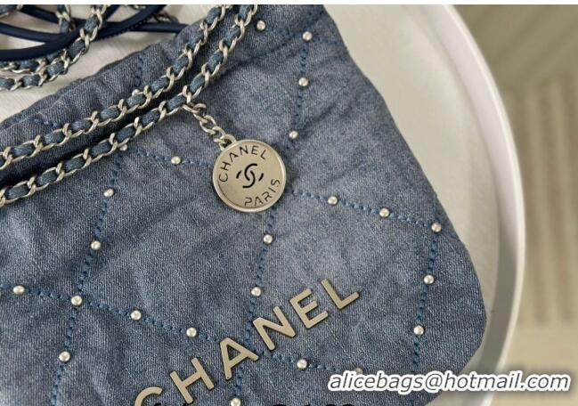 Buy Discount Chanel 22 Studs Quilted Denim Mini Shopping Bag AS3980 Blue 2024