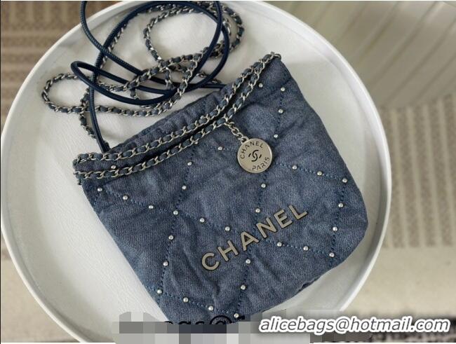 Buy Discount Chanel 22 Studs Quilted Denim Mini Shopping Bag AS3980 Blue 2024