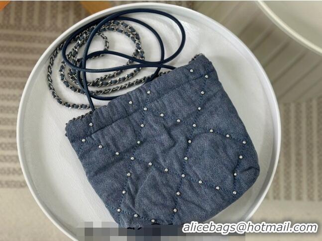 Buy Discount Chanel 22 Studs Quilted Denim Mini Shopping Bag AS3980 Blue 2024