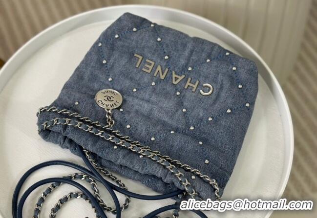 Buy Discount Chanel 22 Studs Quilted Denim Mini Shopping Bag AS3980 Blue 2024