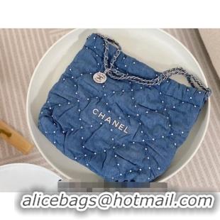 Famous Brand Chanel 22 Studs Quilted Denim Mini Shopping Bag AS3260 Blue 2024