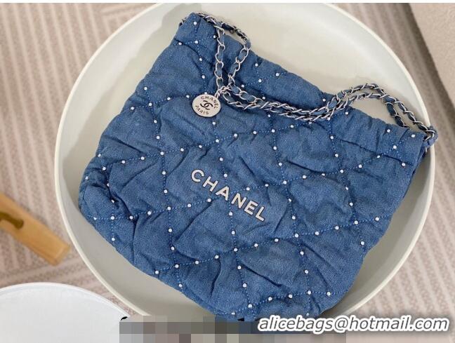 Famous Brand Chanel 22 Studs Quilted Denim Mini Shopping Bag AS3260 Blue 2024