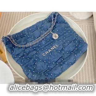 Promotional Chanel 22 Studs Quilted Denim Shopping Bag AS3261 Blue 2024