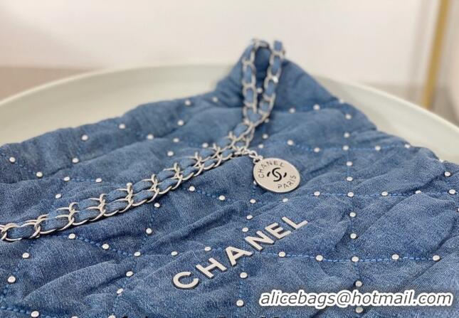 Promotional Chanel 22 Studs Quilted Denim Shopping Bag AS3261 Blue 2024