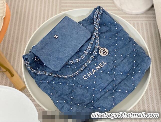 Promotional Chanel 22 Studs Quilted Denim Shopping Bag AS3261 Blue 2024