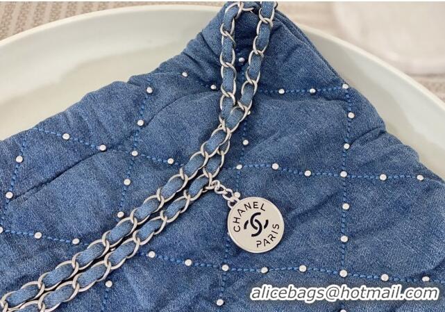 Promotional Chanel 22 Studs Quilted Denim Shopping Bag AS3261 Blue 2024