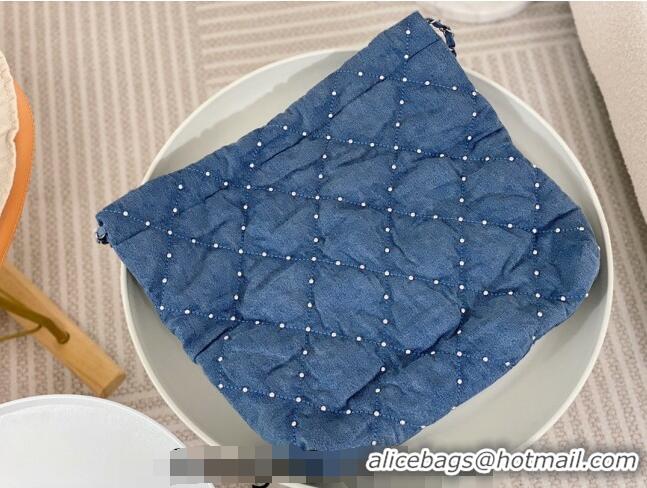 Promotional Chanel 22 Studs Quilted Denim Shopping Bag AS3261 Blue 2024