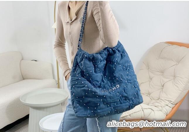 Promotional Chanel 22 Studs Quilted Denim Shopping Bag AS3261 Blue 2024