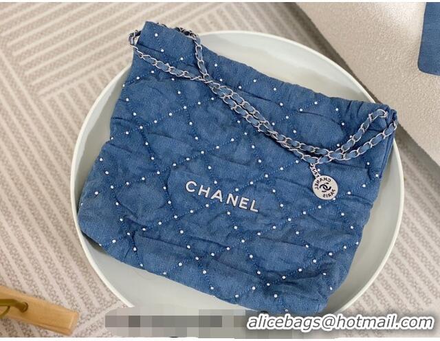 Promotional Chanel 22 Studs Quilted Denim Shopping Bag AS3261 Blue 2024