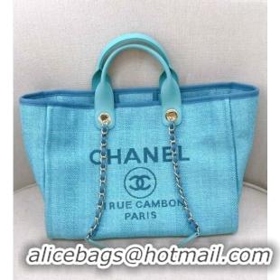 Buy Fashionable Chanel Deauville Mixed Fibers and Calfskin Shopping Bag A66941 Light Blue 2024