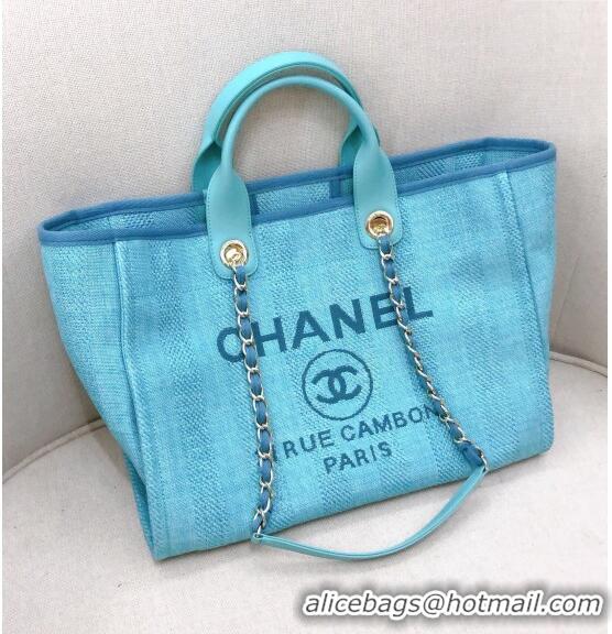 Buy Fashionable Chanel Deauville Mixed Fibers and Calfskin Shopping Bag A66941 Light Blue 2024