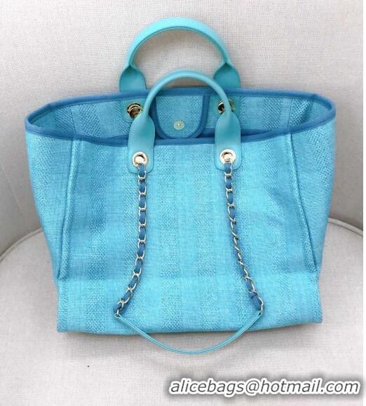 Buy Fashionable Chanel Deauville Mixed Fibers and Calfskin Shopping Bag A66941 Light Blue 2024