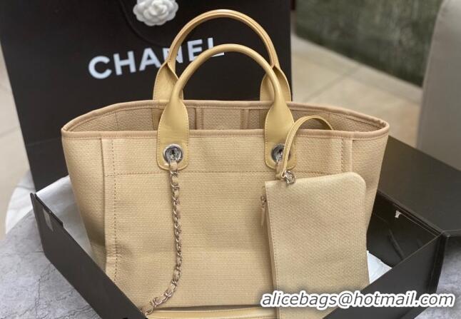 Famous Brand Chanel Deauville Cotton & Calfskin Medium Shopping Bag AS2007 Beige 2024