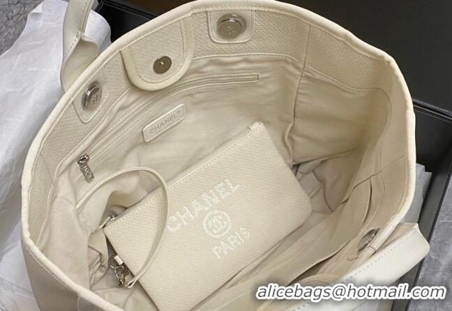 Top Grade Chanel Deauville Cotton & Calfskin Medium Shopping Bag AS2007 White 2024