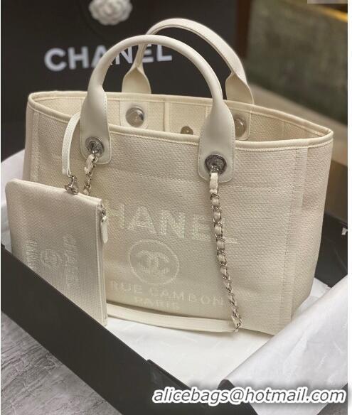 Top Grade Chanel Deauville Cotton & Calfskin Medium Shopping Bag AS2007 White 2024