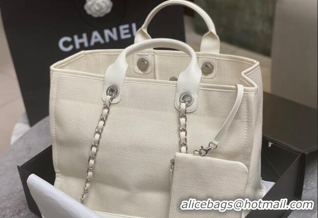 Super Quality Chanel Deauville Cotton & Calfskin Large Shopping Bag AS2007 White 2024