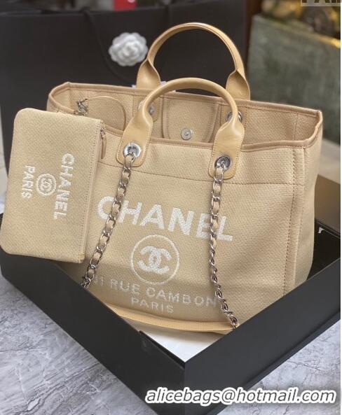 Top Grade Chanel Deauville Cotton & Calfskin Large Shopping Bag AS2007 Beige 2024