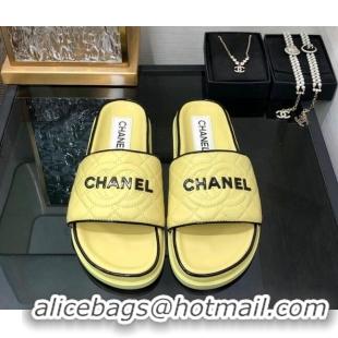 Top Grade Chanel Quilted Lambskin Flat Slide Sandals with CC and Signature Yellow 601001