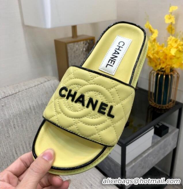 Top Grade Chanel Quilted Lambskin Flat Slide Sandals with CC and Signature Yellow 601001