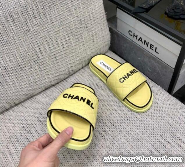 Top Grade Chanel Quilted Lambskin Flat Slide Sandals with CC and Signature Yellow 601001