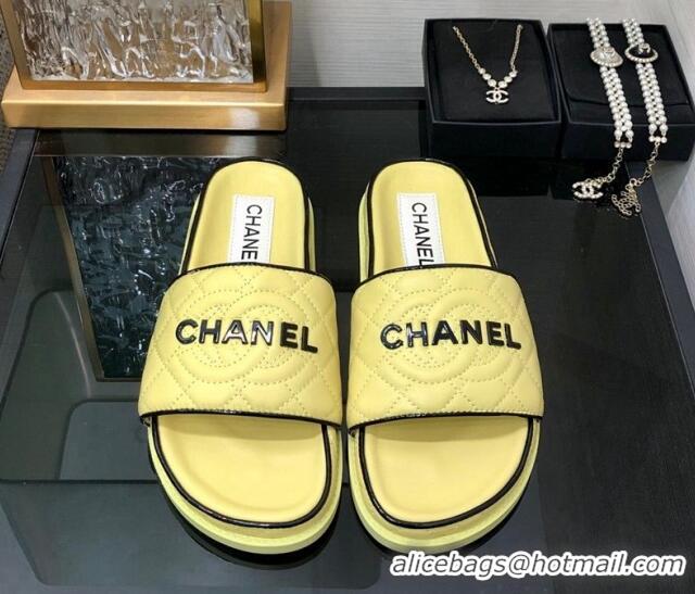 Top Grade Chanel Quilted Lambskin Flat Slide Sandals with CC and Signature Yellow 601001