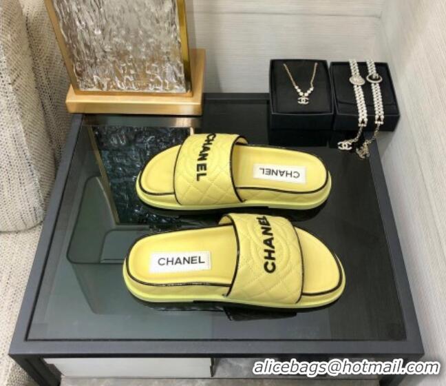 Top Grade Chanel Quilted Lambskin Flat Slide Sandals with CC and Signature Yellow 601001