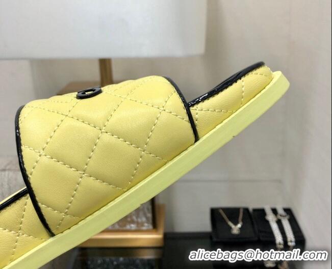 Top Grade Chanel Quilted Lambskin Flat Slide Sandals with CC and Signature Yellow 601001