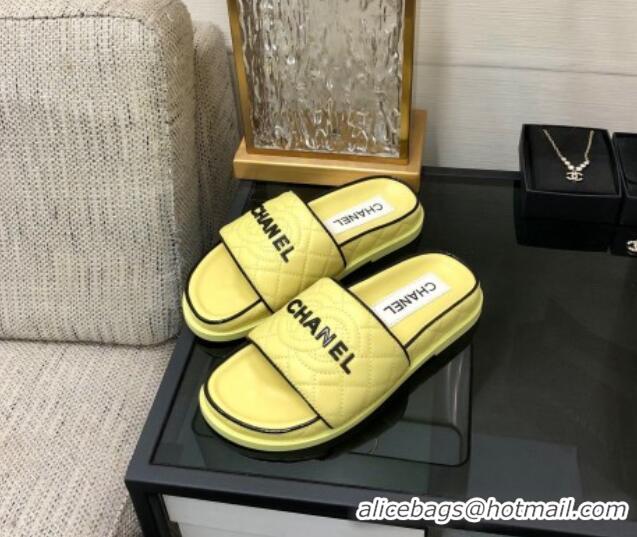 Top Grade Chanel Quilted Lambskin Flat Slide Sandals with CC and Signature Yellow 601001