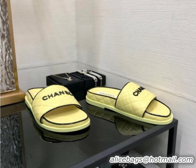 Top Grade Chanel Quilted Lambskin Flat Slide Sandals with CC and Signature Yellow 601001