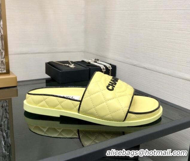 Top Grade Chanel Quilted Lambskin Flat Slide Sandals with CC and Signature Yellow 601001