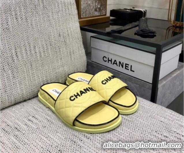 Top Grade Chanel Quilted Lambskin Flat Slide Sandals with CC and Signature Yellow 601001