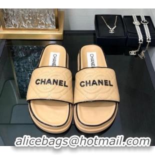 Grade Quality Chanel Quilted Lambskin Flat Slide Sandals with CC and Signature Beige 601002