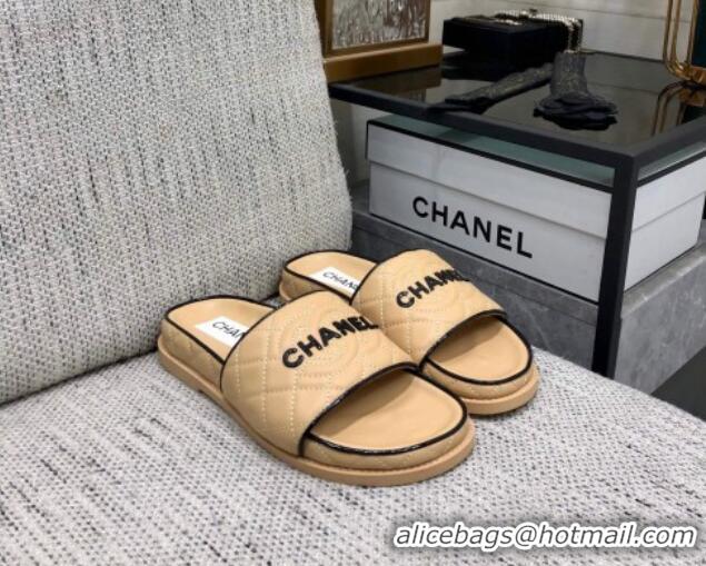 Grade Quality Chanel Quilted Lambskin Flat Slide Sandals with CC and Signature Beige 601002