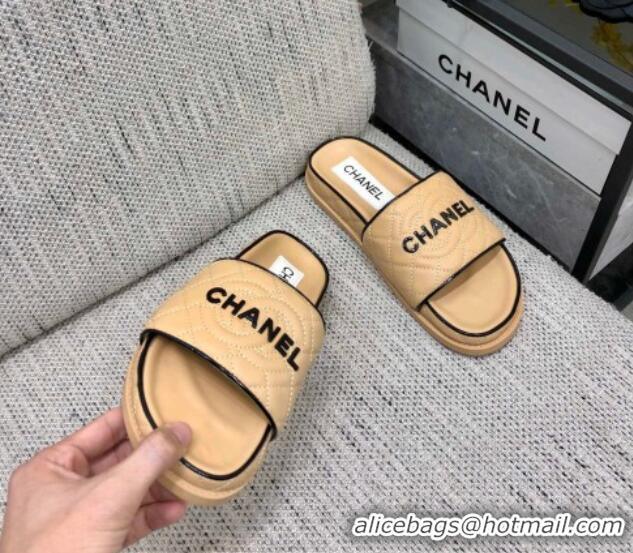 Grade Quality Chanel Quilted Lambskin Flat Slide Sandals with CC and Signature Beige 601002